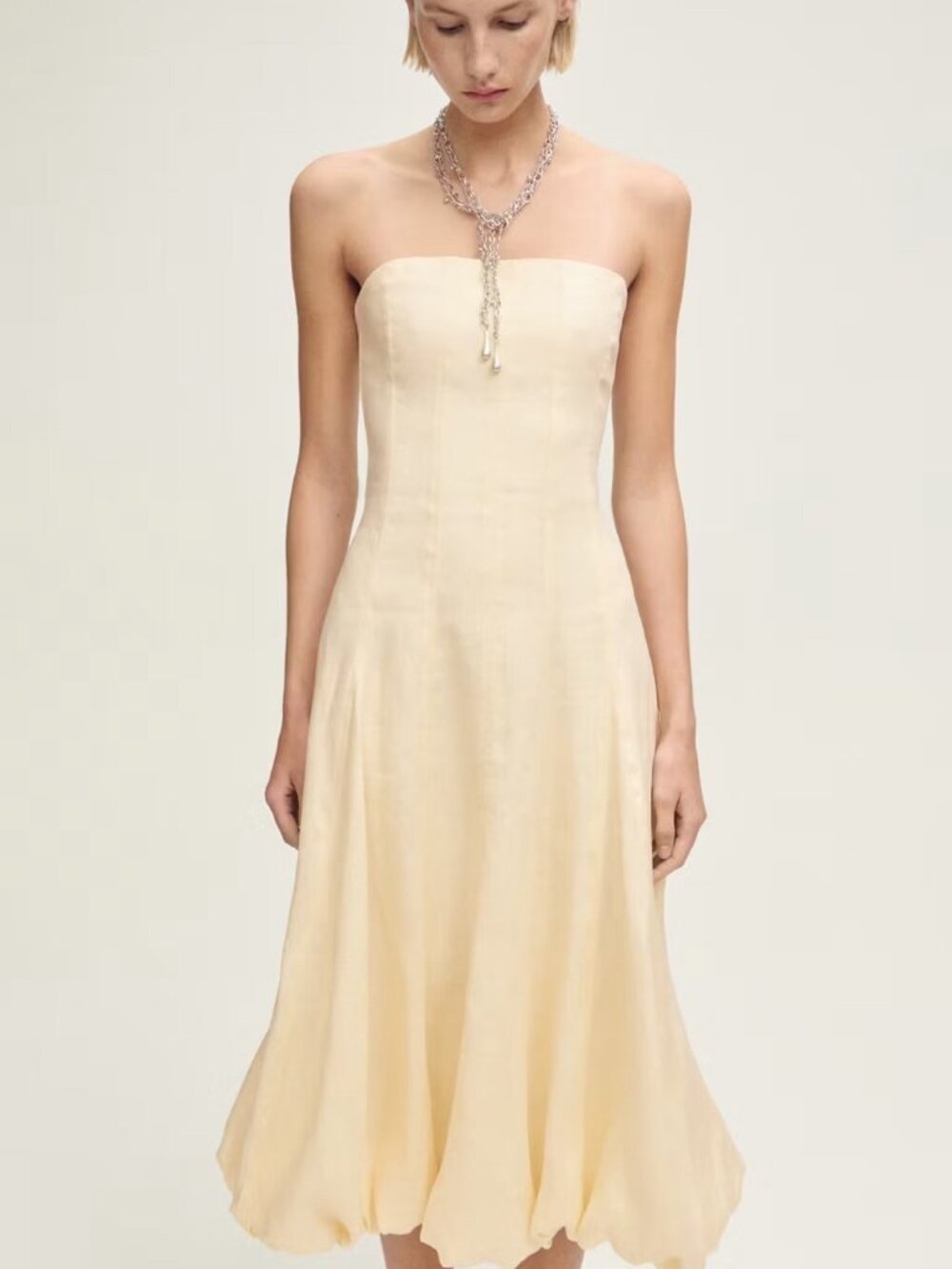 MANGO Linen Dress with Puffed Hem in Butter Yellow